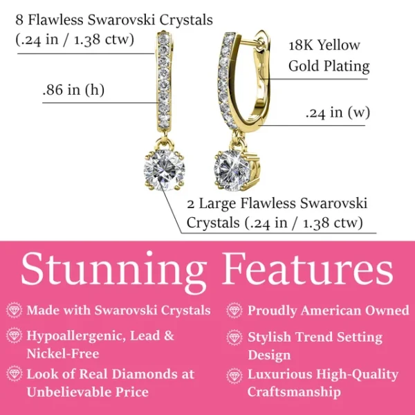 Cate & Chloe McKenzie 18k Yellow Gold Plated Drop Dangle Crystal Earrings with Swarovski Crystals