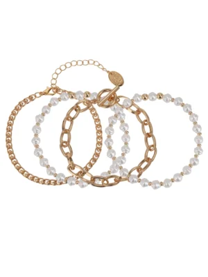 Time and Tru Women's Gold Tone and Faux Pearl Bracelet Set, 4 Piece